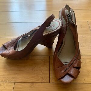 Miss Sixty Cognac Brown Leather Peep-Toe Slingback Heels